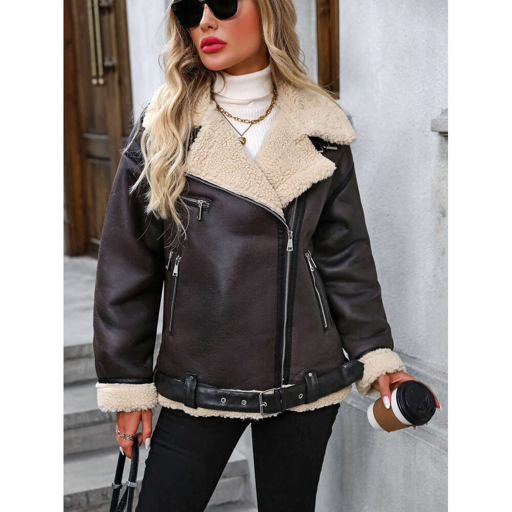 FTLZZ Winter Women Faux Lamb Fur Leather Jacket Casual Lady Thick Warm Coat High Street Motorcycle Outwear