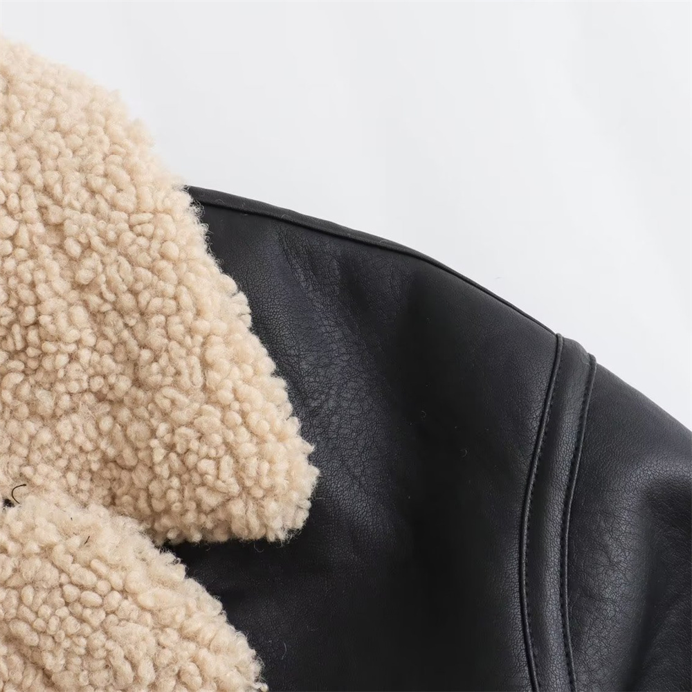 UNIZERA 2024 Autumn/Winter Product Women's New Fashion Casual Versatile Flip Collar Leather And Fur Integrated Jacket Co