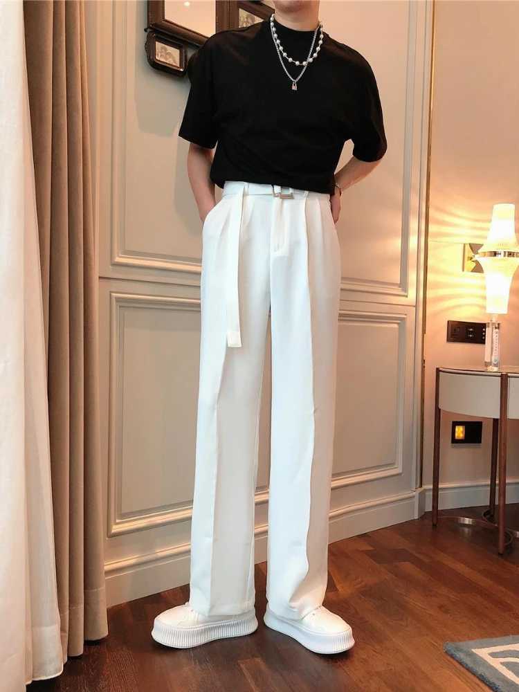 White Trousers For Men Baggy With Belt Wide Leg Ele Spring Clothes Man Suits Pants Clothing Promotion Hot Fabric Summer 2024X241023