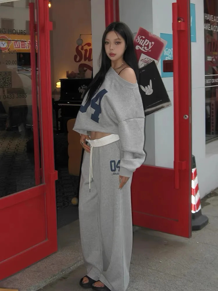 HOUZHOU casual 2-piece womens pants set oversized Korean style set retro letter printed shoulder sportswear 241023