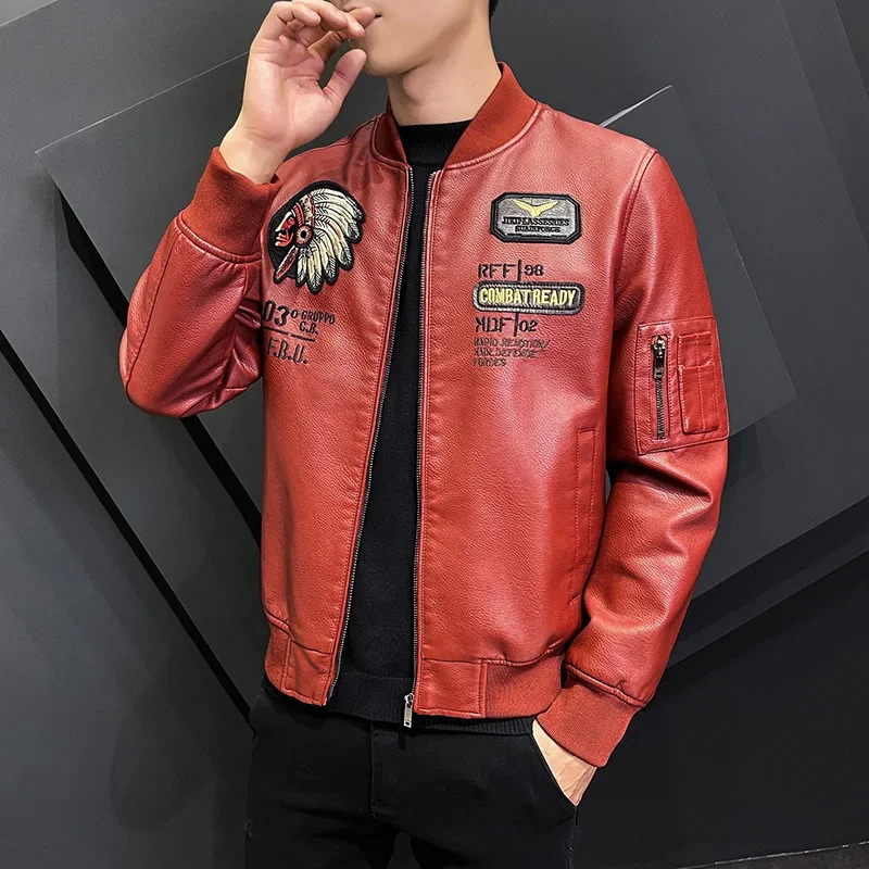leisure motorcycle windproof zipper holder collar artificial leather jacket mens ultra-thin high-quality fashionable wool lining jacket 241023