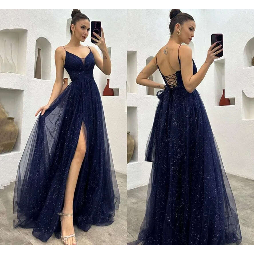 Navy Blue Sequined Reflective Evening Dresses Sexy Backless A E Spaghetti Straps Split Women Ocn Party Prom Gowns Plus Size Bc18588