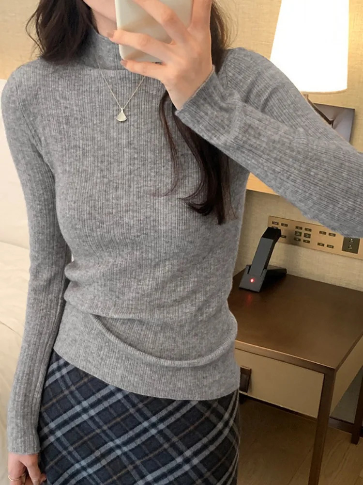 Deeptown Basic Turtleneck Crop Sweater Women Casual Knitted Pullover Solid Color Jumper Long Sleeve Tops Slim Bottoming Shirt 241021