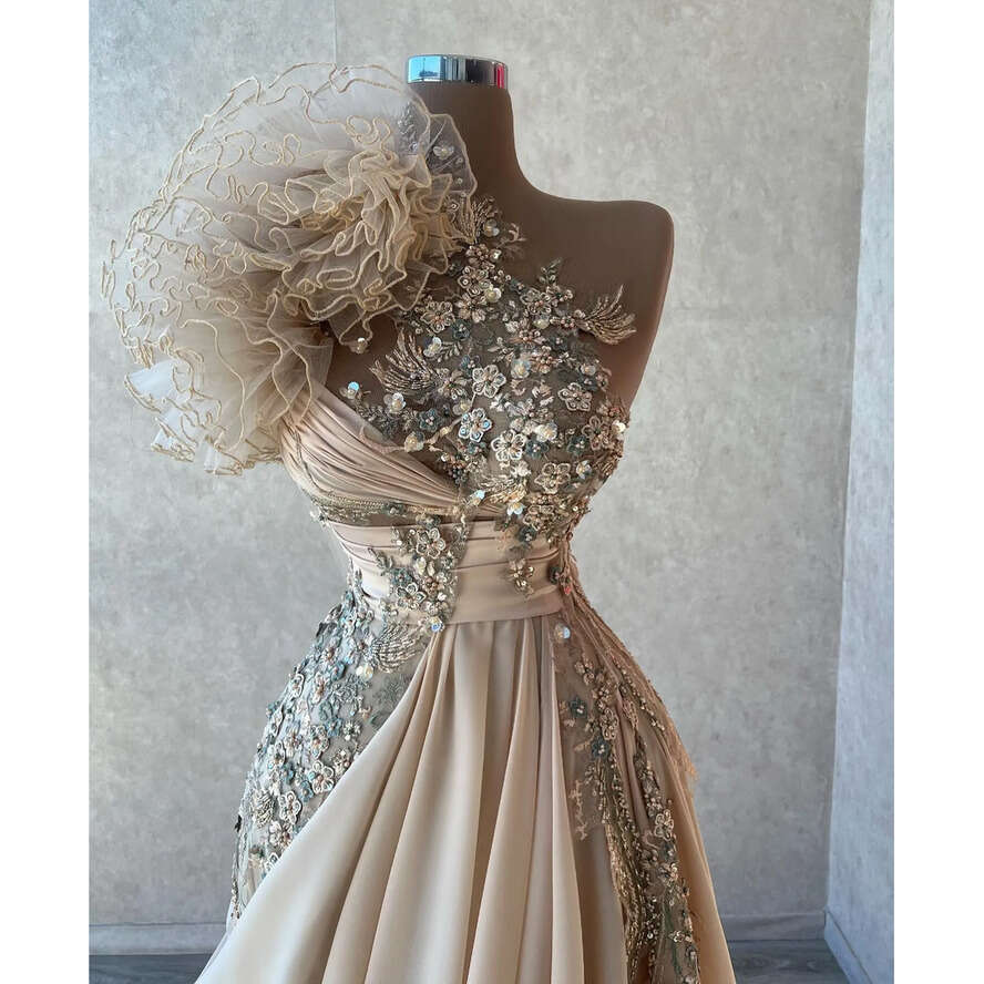 With Champagne Evening Dresses 3D Hand Made Wers Tier Ruffles One Shoulder A E Appliques Beads Chiffon Prom Party Gowns Bc18431 ppliques