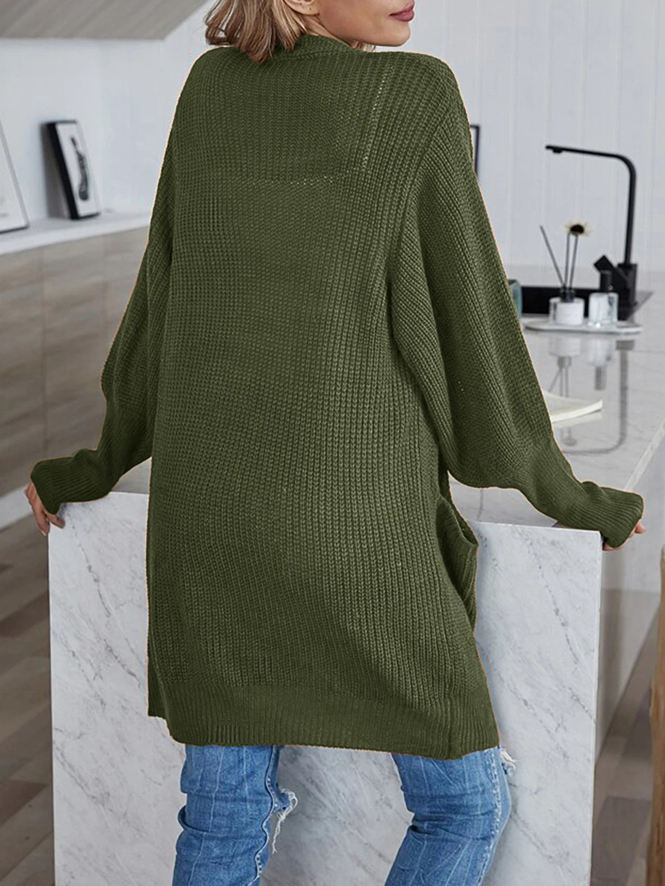 Sweater womens coat wool thread pocket knitted cardigan wool sweater commuting style loose medium length casual jacket 241022