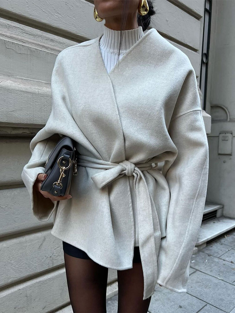 Elegant Women's Solid V-Neck Tie-Belt Woolen Jacket New Fashion Classic Long Sleeves Coats Autumn Chic Female Streetwear