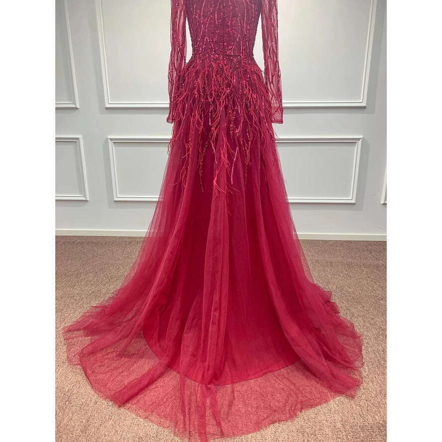 Evening Dubai Long Sleeves Dresses Women Glitter Sequin 2024 Formal Party Prom Gown High Slit Red Tulle Vestidos Bc18235