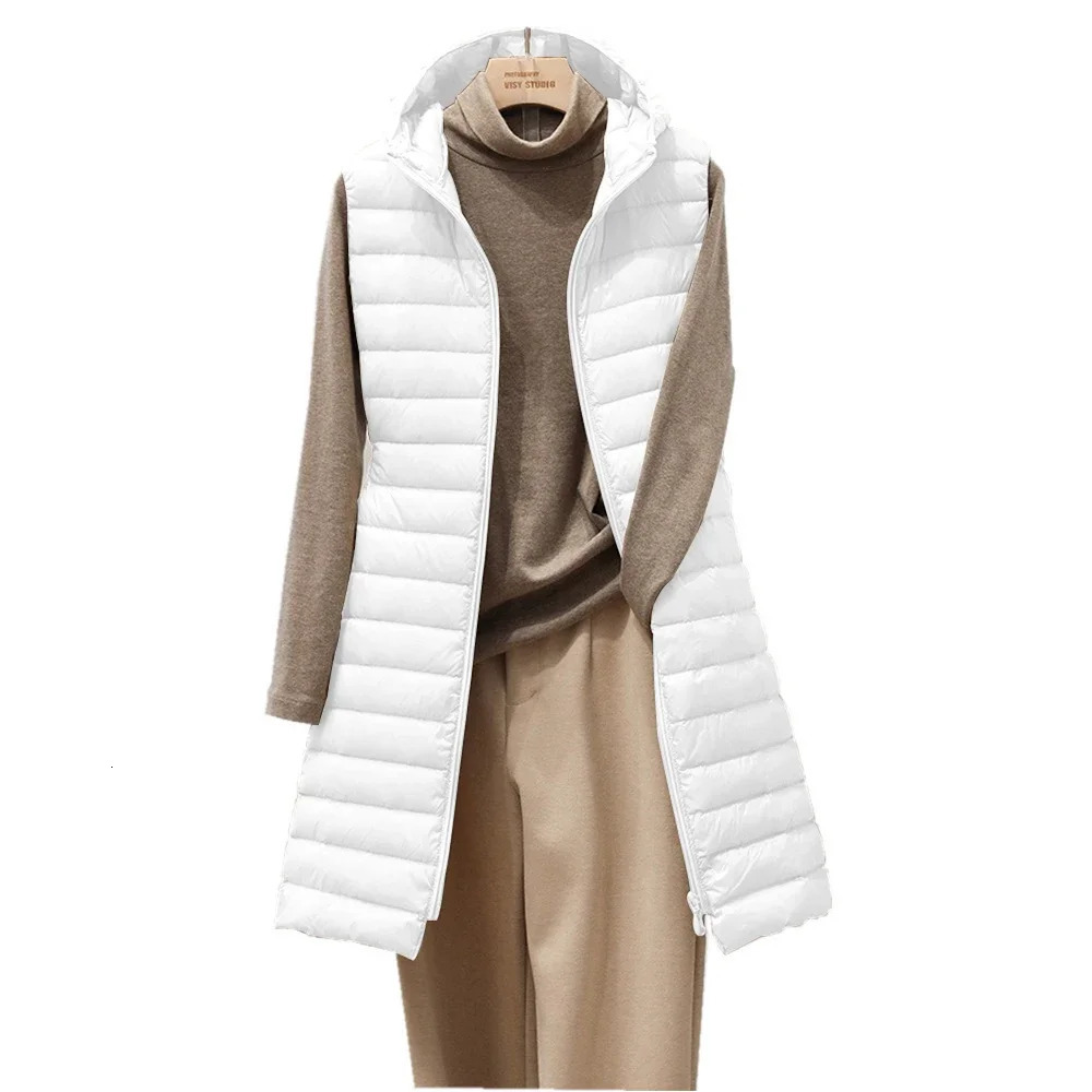 female autumn and winter medium long hooded light down padded jacket waistcoat cotton vest 241017