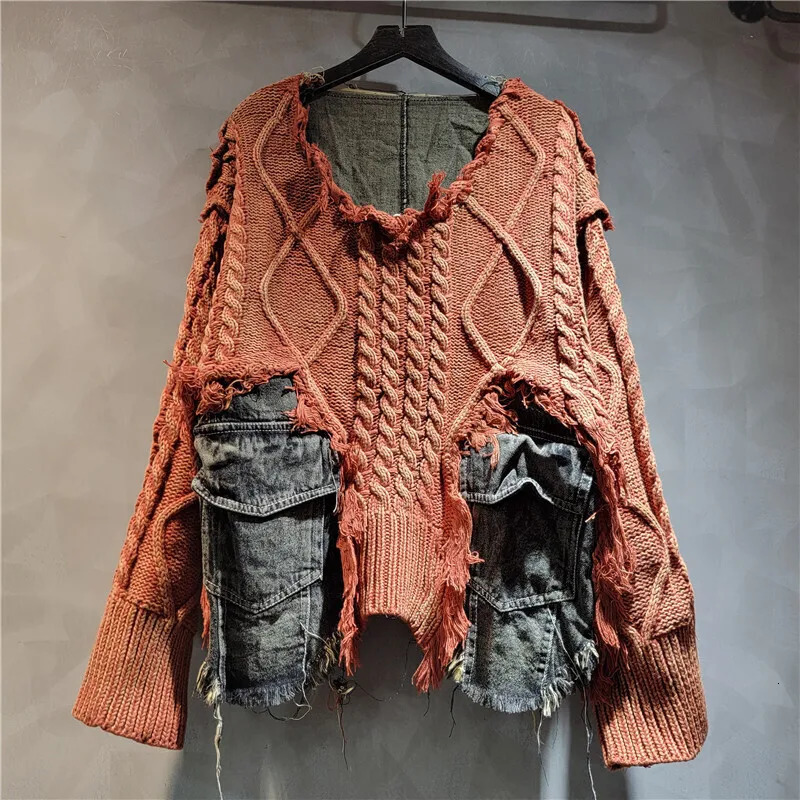 Retro long sleeved denim pocket patch work V-neck orange red sweater loose top retro womens zipper knitting 6U1329 241022