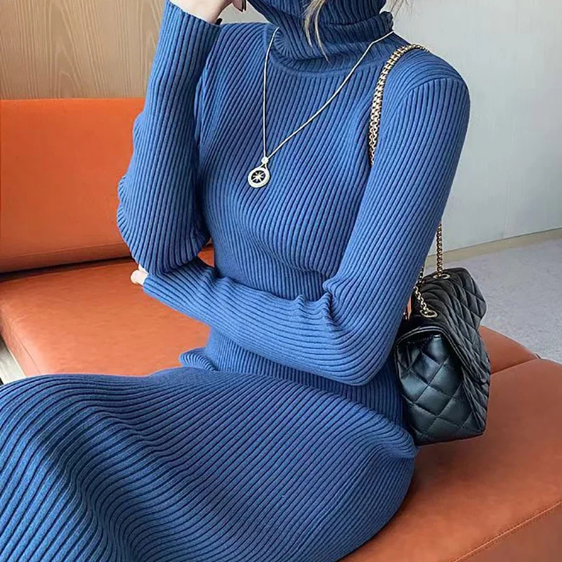 Abrini Womens Plain Collar Knitted Dress Casual Long Sleeve Tight Sweater Ribbon Solid Color Womens Party Vest Autumn/Winter 241022