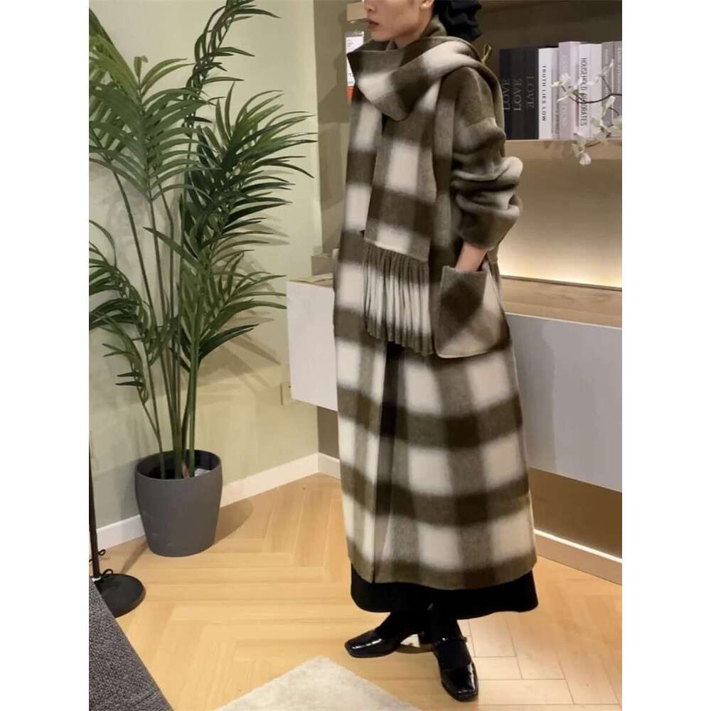 Rose Plaid Double-Sided Cashmere Horn Button Women Long Korean Version Of Loose Scarf V-Neck Woolen Coat 2023 New