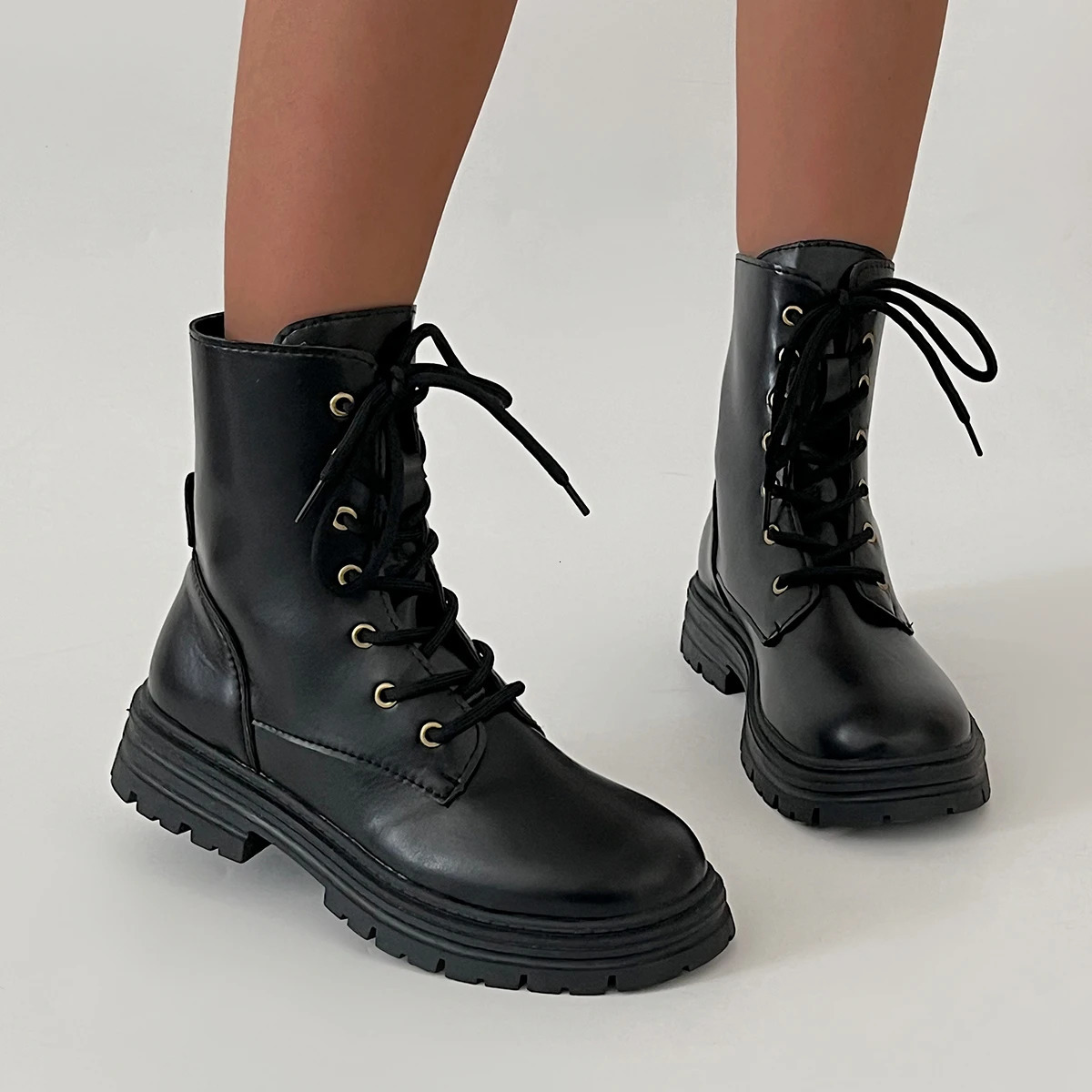 Rimocy Black Pu Leather Ankle Boots for Women Low Heels Lace Up Fashion Booties Woman Non Slip Platform Combat Botas Mujer 2024 241028