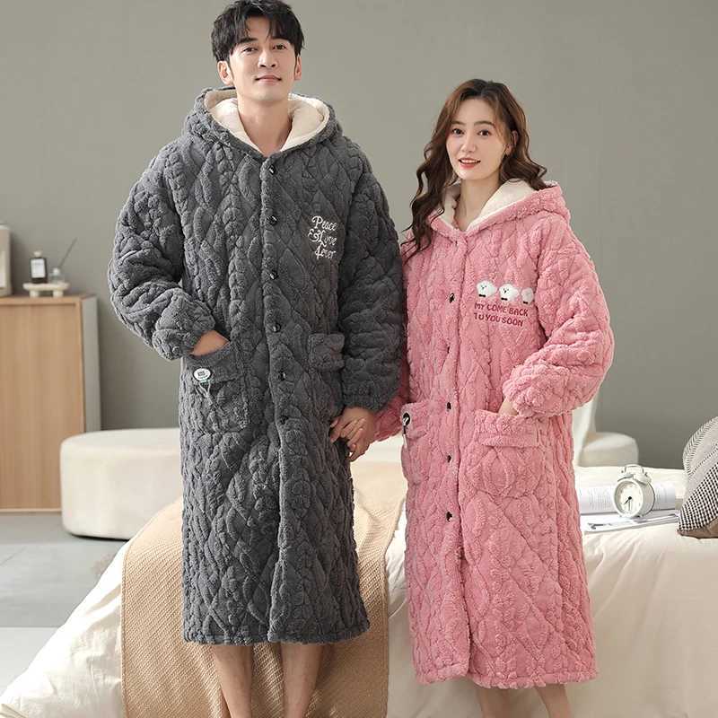Thick 3-layer warm winter bathroom couple soft flannel bedding long kimono bathrobe womens dress mens coral Fce robe W241023