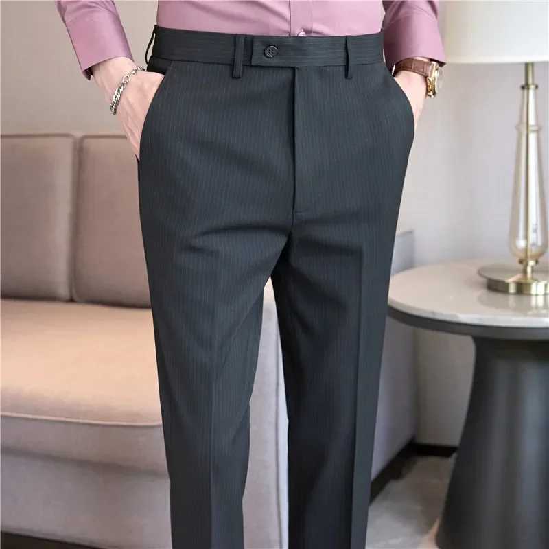 British Style Pinstripe Slim Fit Suit Pant Men Business Casual Simple Dress Pants High Quality Social Wedding Party TrousersX241023