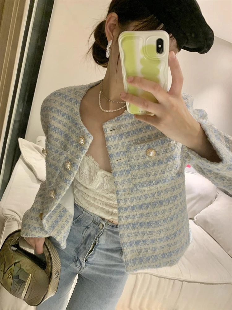Womens casual top fashion coarse tweed striped womens jacket Ropa Mujer temperature tuning retro Korean coat womens clothing 241023