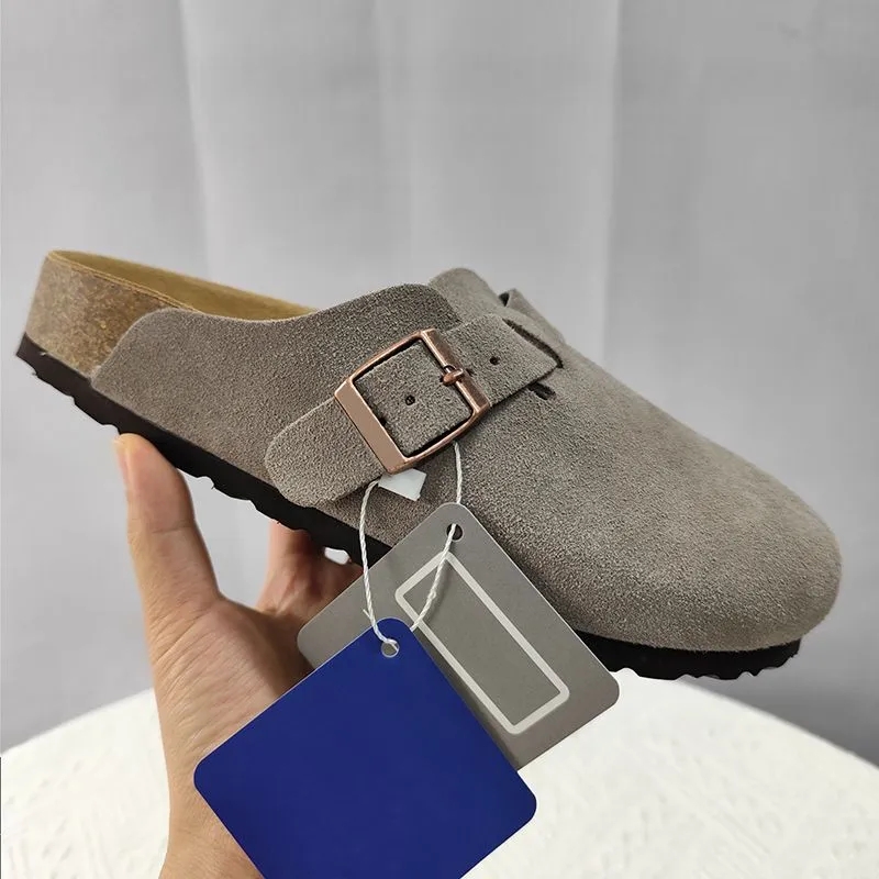 Designer Clogs Slippers Women Men Cork Flat Clog Sandals Summer Slides Genuine Leather Roud Toe Double Buckle Beach Sliders Casual Shoes Size 35-46