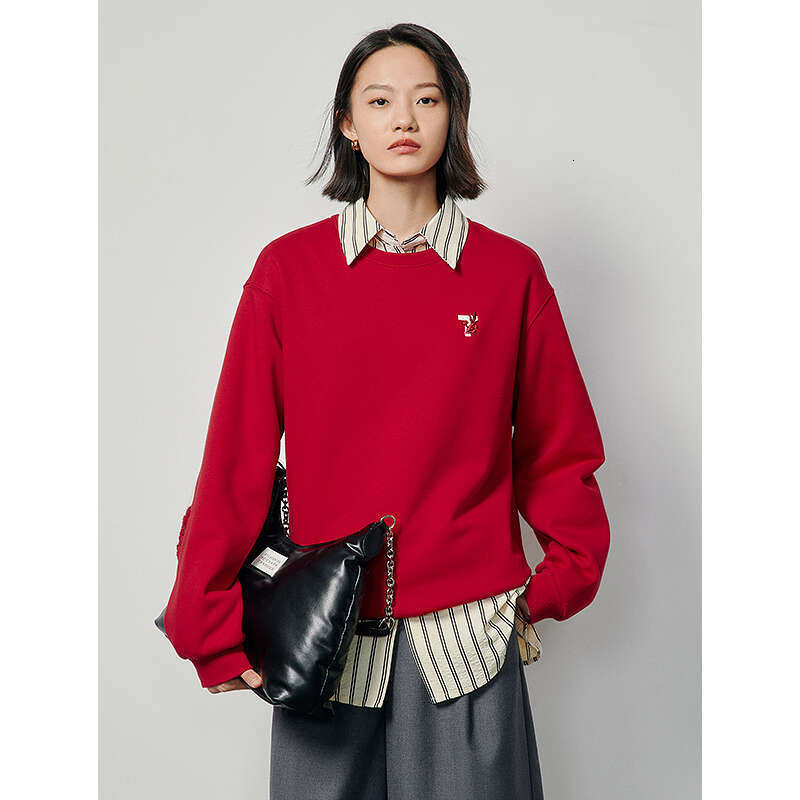 High end Women Toyouth Fleece Sweatshirt Autumn Long Sleeve O Neck Loose Hoodies Exquisite Embroidery Casual Chic Red Clothes Tops