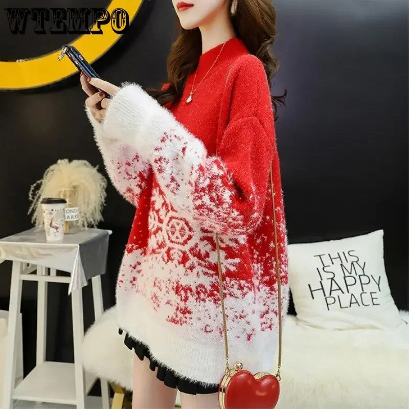 WTEMPO Womens Long Sleeve Drop Shoulder Christmas Sweater Fleece Lined Knitted Jumper Turn Down Collar Deer Snowflake Knitwear 241021