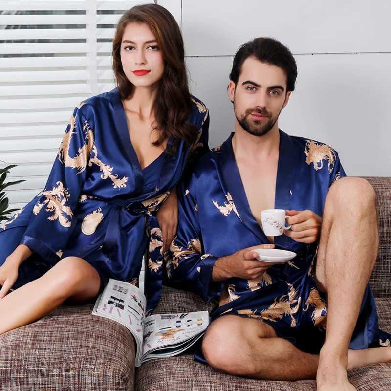 Large size 2PCS kimono bathroom dress couple Spwear home dress printed satin evening dress womens slippers evening dress mens long robe casual wear W2