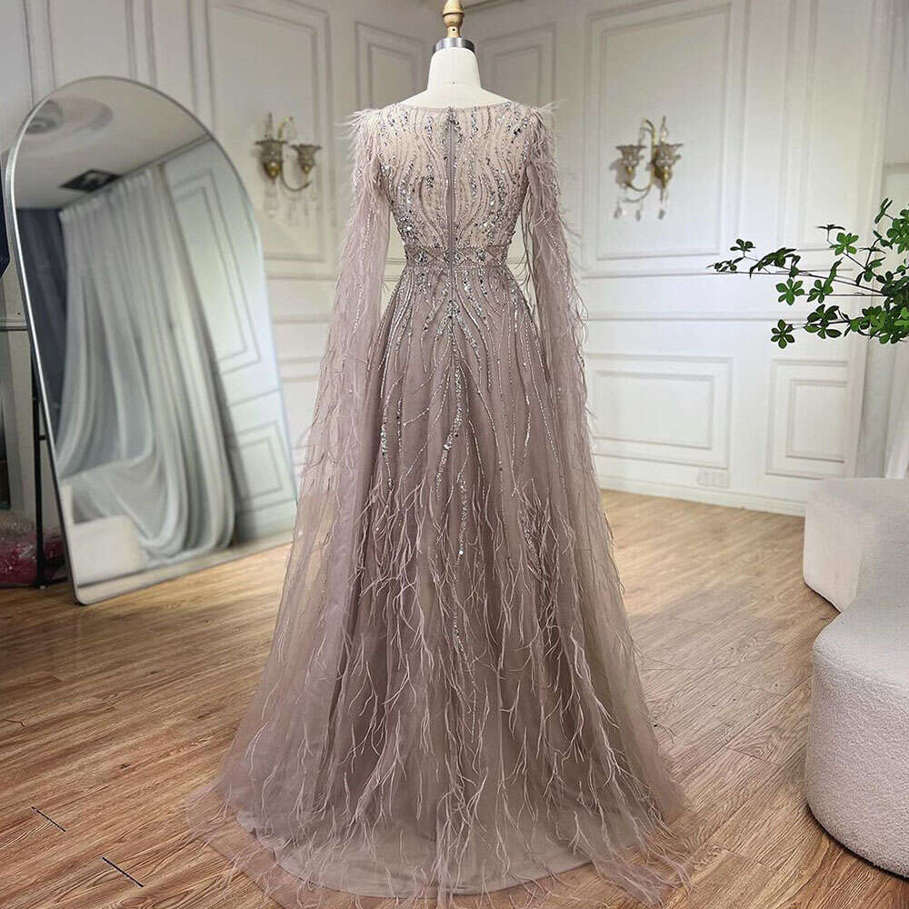 Serene Hill Nude Cape Sleeves Elegant A e Beaded Feathers Evening Dresses Gowns For Women Party 2024