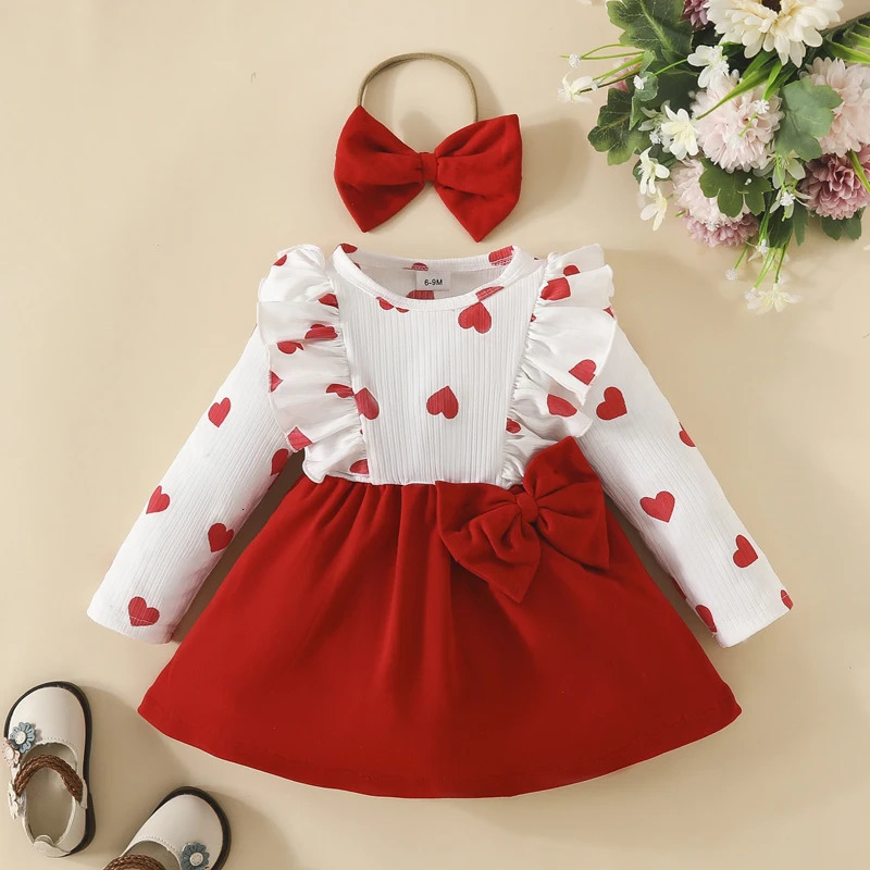 Autumn Princess Baby Girl 2PCS Spring Set Long Sleeve Heart Printed Side Bow Dress Headband Set for Preschool Clothing 241022