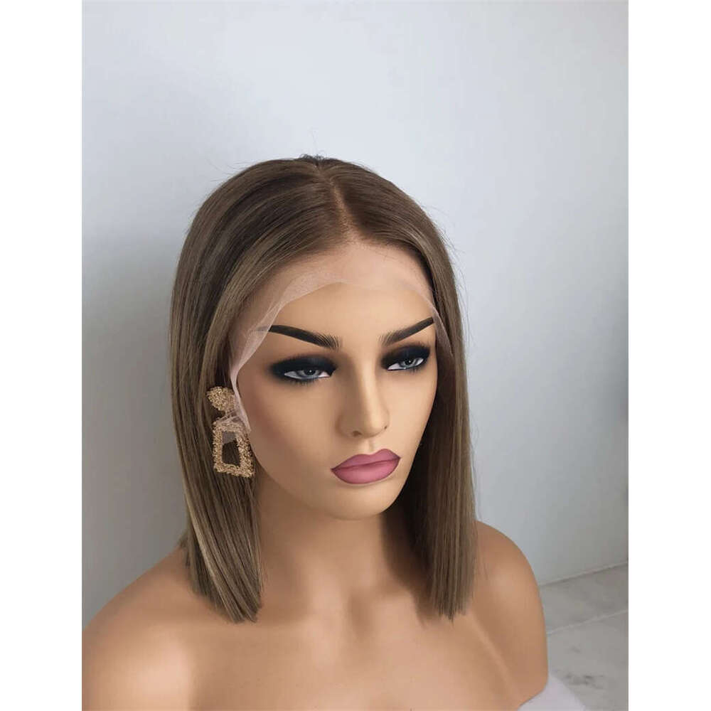 Short Bob Ash Blonde Frontal Wig 100% Brown Highlight 13x4 Straight HD Lace Front Human Hair Wigs For Women