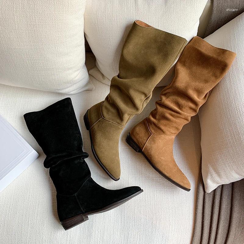 Boots Western Cowgirls Cool Shoes Woman Natural Suede Spring Autumn Botas Slip On Ladies Shoe Casual Style Wier Pleated