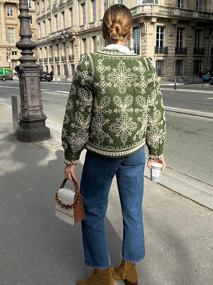 8Fashion Printed Women's O-Neck Long Lantern Sleeve Cotton Coats Chic Open Loose Crop Jackets Lady Retro Streetwear