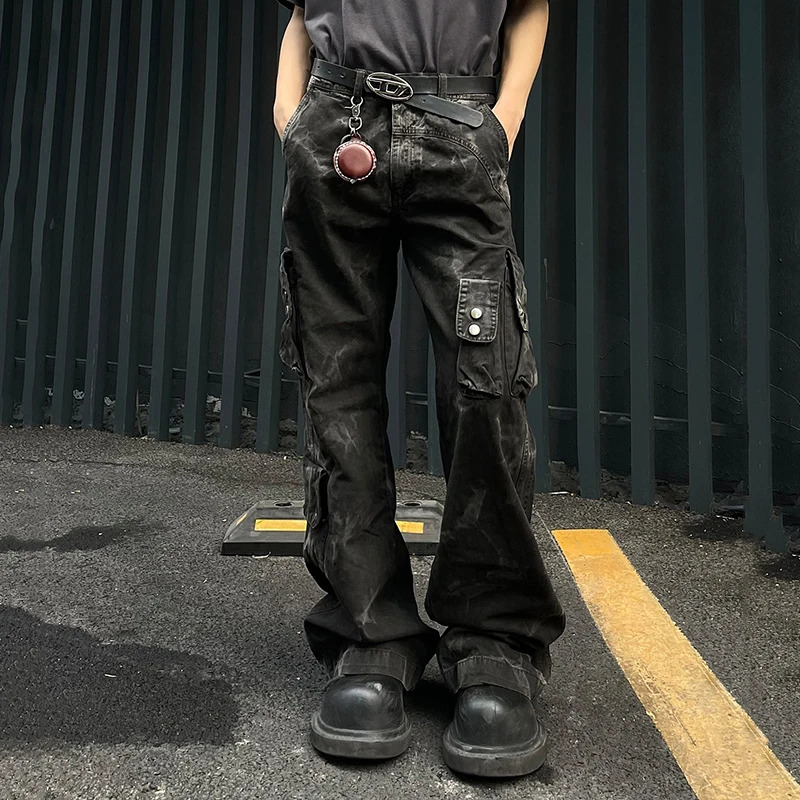 PFNW Dark Mens Denim Pants Tie Dye Multi Pocket Bottom Straight Wide Leg Boots Cut Mens Jeans Autumn 12C648 241022