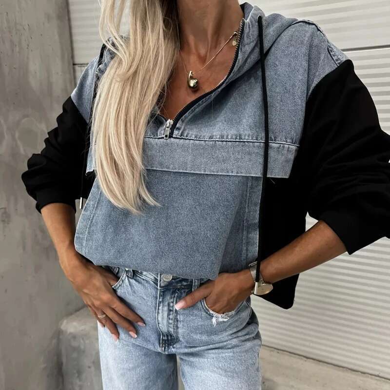 High end Women Elegant Denim Female Hoodie Sweatshirt Fashion Stitching Drawstring Hooded Ins High Street Jeans Long Sleeve