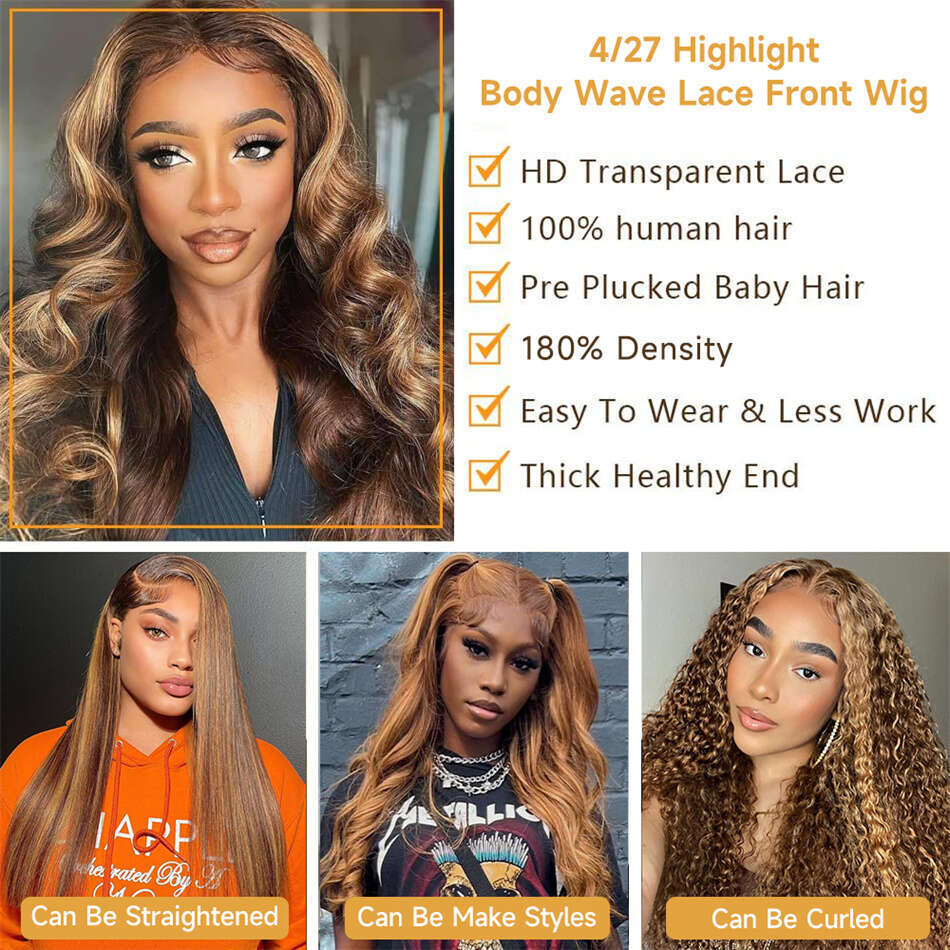 Highlight Human Ombre Brown Brazilian Hair Wigs For Women 32 Inch Honey Blonde Body Wave Lace Front Wig