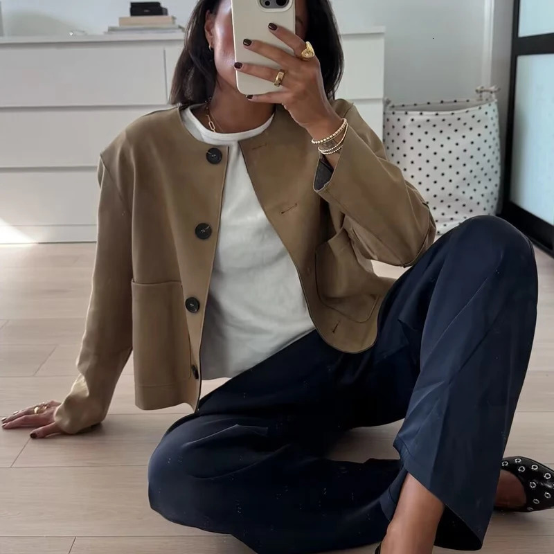 TRAF Womens Jacket Tailored Suede Jacket Old Womens Retro Jacket Half Season Jacket Jacket 241023