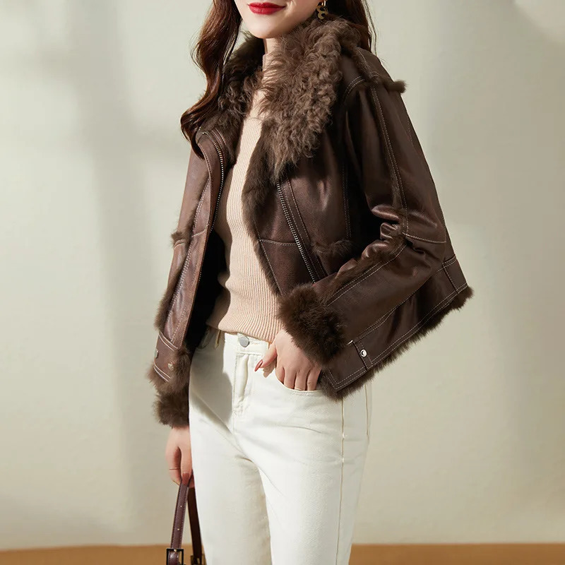 Womens Suede Short Coat Autumn Natural Rabbit Fur Splicing Jacket Street Clothing Office Womens Full Set Coat S-XL 241023