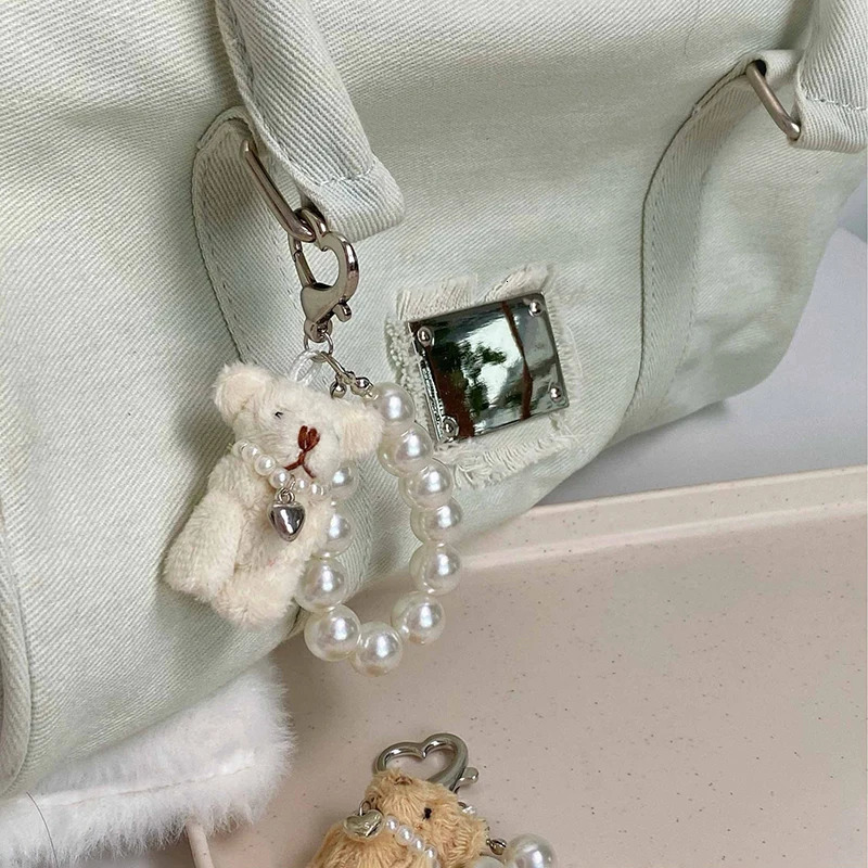 Plush Teddy Bear Pearl Bracelets Cell Phone Chain Cute Doll Bag Charms Keychain Pendant Girl Heart Hanging Ornament 241017