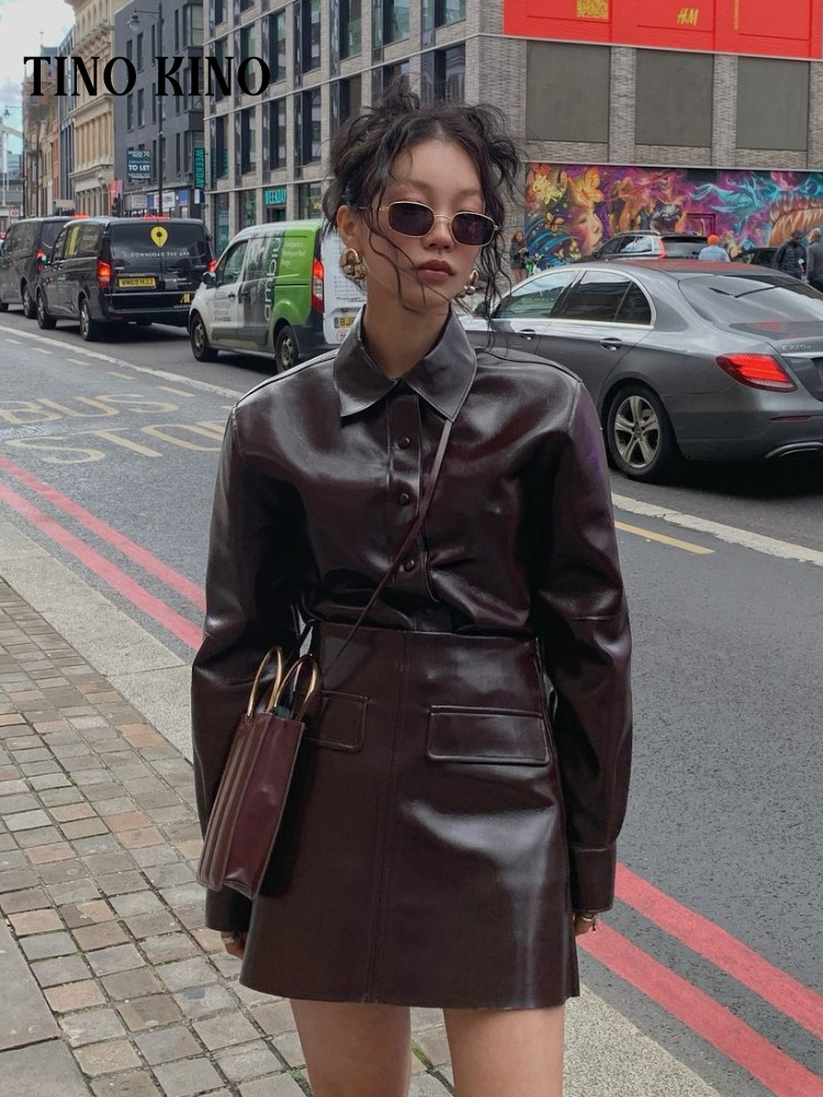 Fashion Pu Leather Jacket Skirt Sets For Women Lapel Long Sleeve Single Breasted Coat Mini Skirts Suit 2024 Autumn Lady Outfits