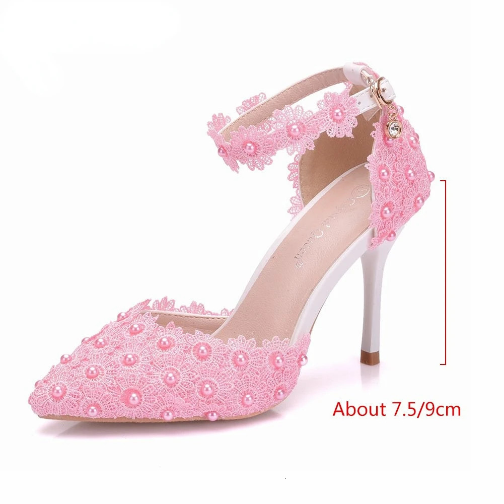 Wedding Shoes Bride White Wedding Shoes Female High Heels Ankle Strap Pumps Women Shoes Rhinestone Lace High Heels Party Shoe#42 241022