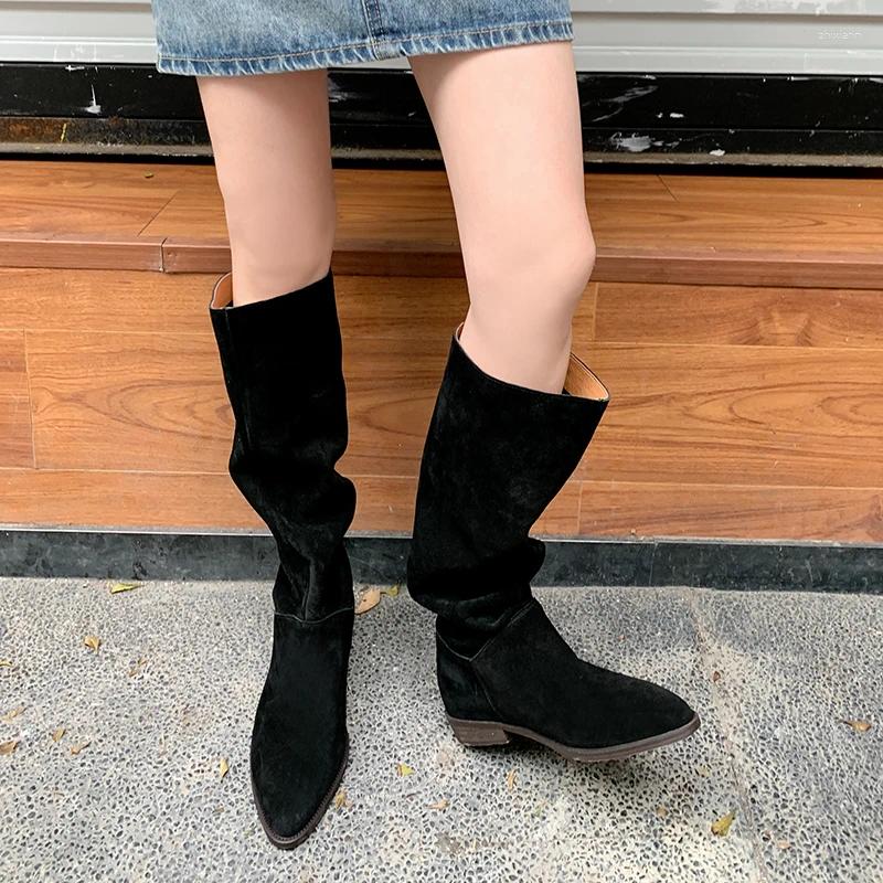 Boots Western Cowgirls Cool Shoes Woman Natural Suede Spring Autumn Botas Slip On Ladies Shoe Casual Style Wier Pleated