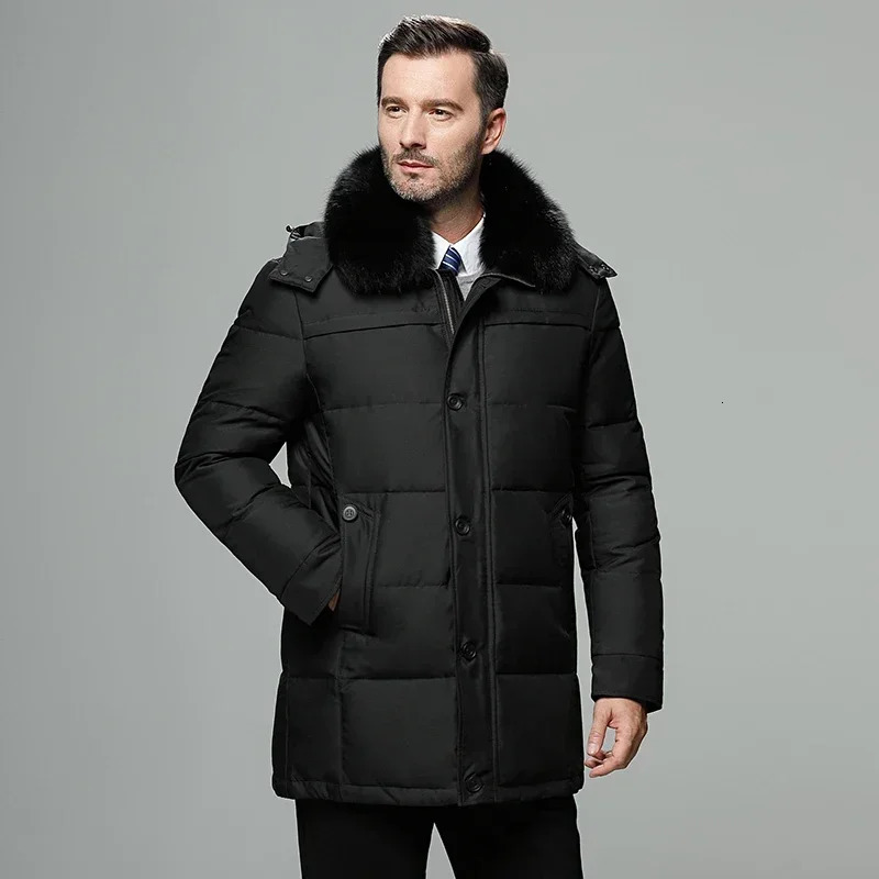 Mens winter coat fur collar hooded jacket thick warm white duck detachable hood mens windproof Parka large size 241022
