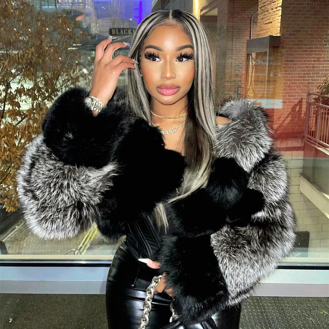 Cropped Stand Collar Faux Long Sleeve Spliced Women's Jacket Real Fur Coat For Winter Season