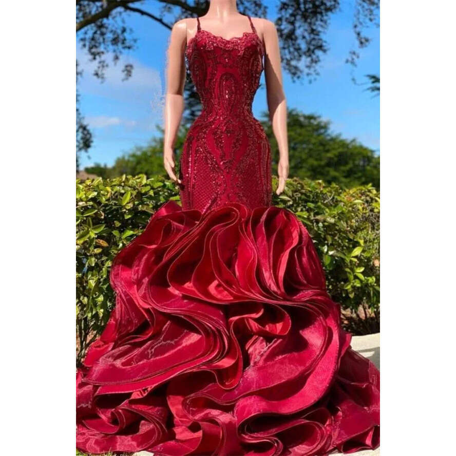 Bury New Prom Popular Dresses With Tiered Ruffle Sexy Mermaid Spaghetti Straps Appliques Beads Black Girls Graduation Evening Gowns Bc18440