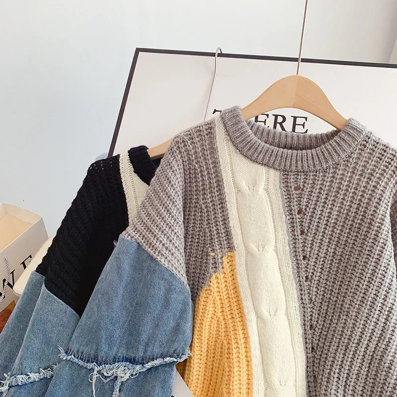 Denim woven spliced long sleeved O-neck Mohier knitted jumper womens loose womens sweater top womens clothing fashion 241022
