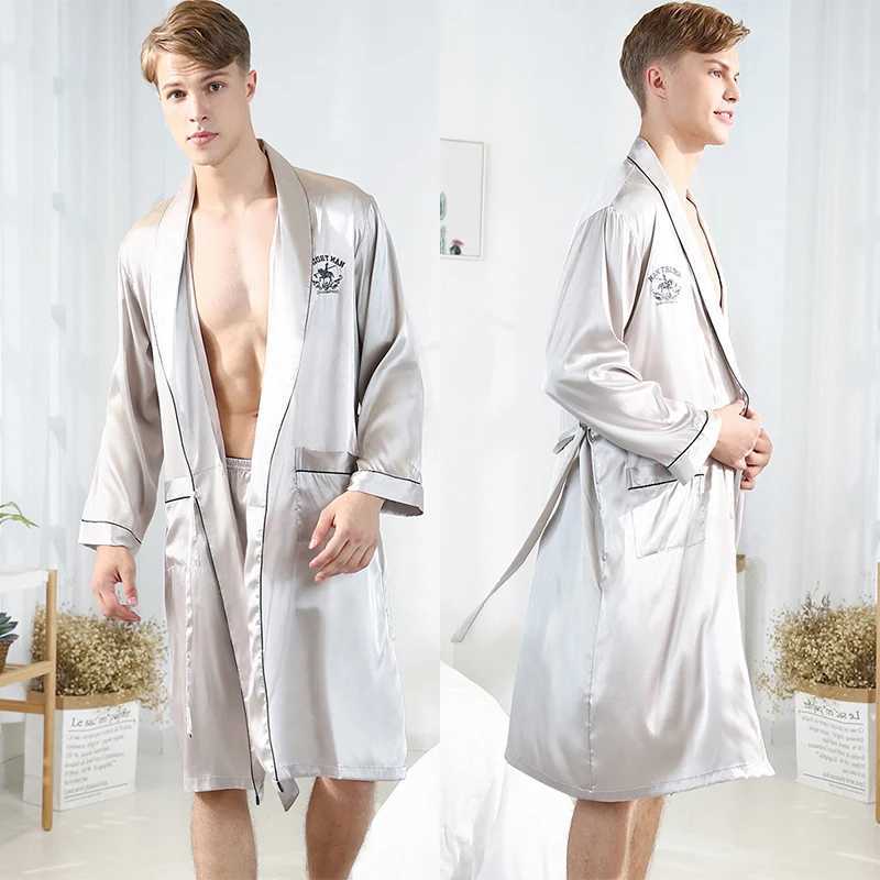 Short 2-piece evening gown mens satin home wear casual wear mens lapel home wear embroidered letter kimono set W241023