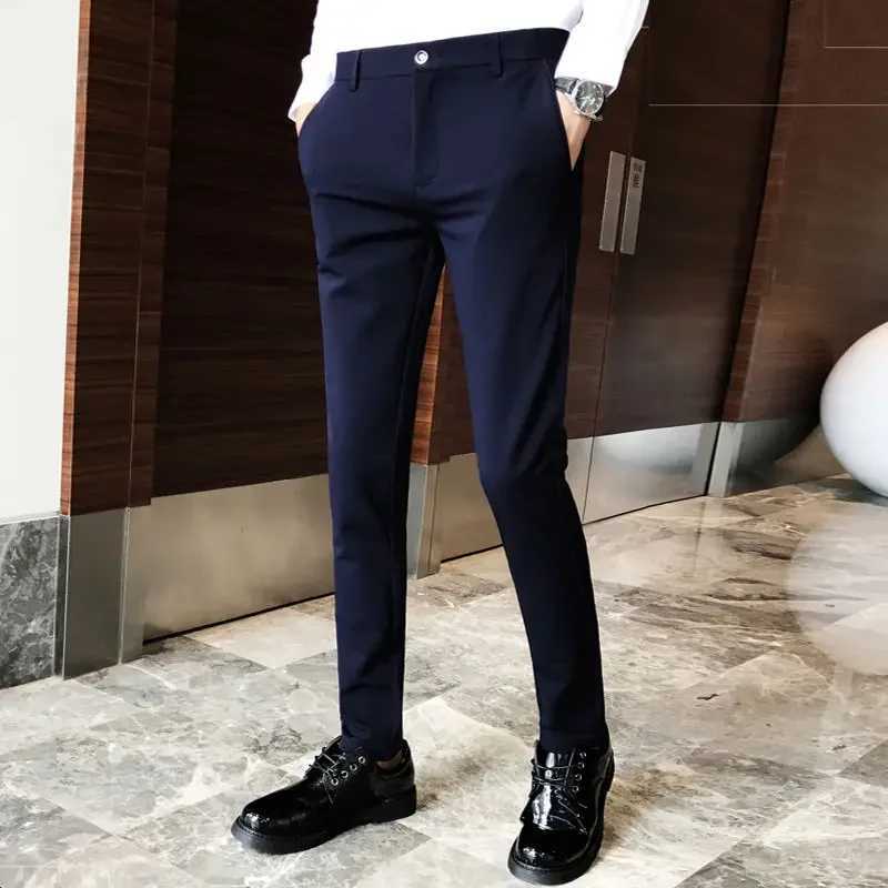 Elastic Business Tressed Male Suit Trousers 9 Cropped Fluid Stretch Social Tailoring Mens Summer Pants Draped Slim Fit FabricX241023