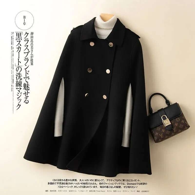 2023 100% Wool Mid Long Bat Cape Women Woolen Coats Autumn Loose Double Sided Cashmere Coat Female Fashion Camel Black Outerwear