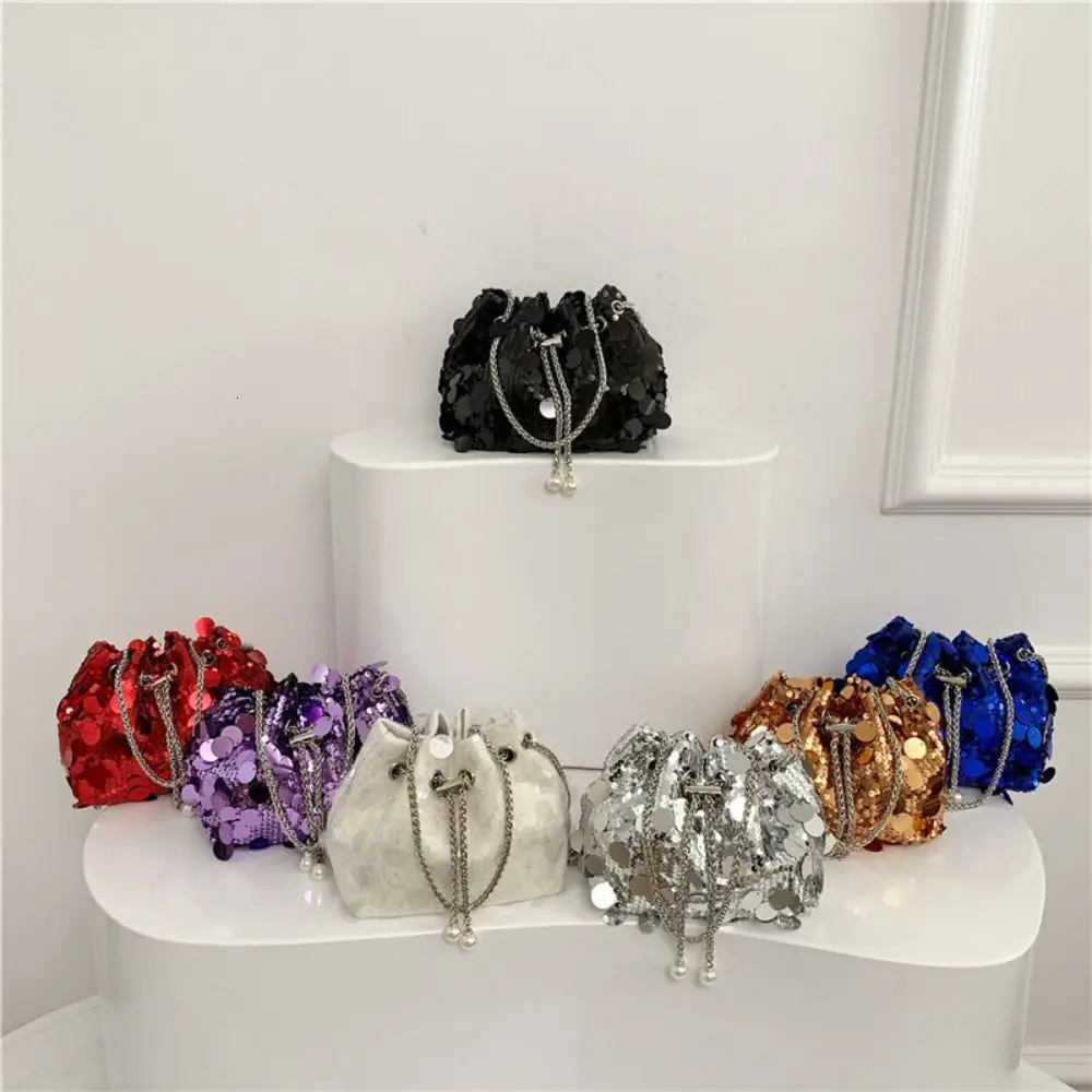 Womens shoulder sequin drawstring chain cross body bucket bag large capacity handbag 241023 zhanyishengli