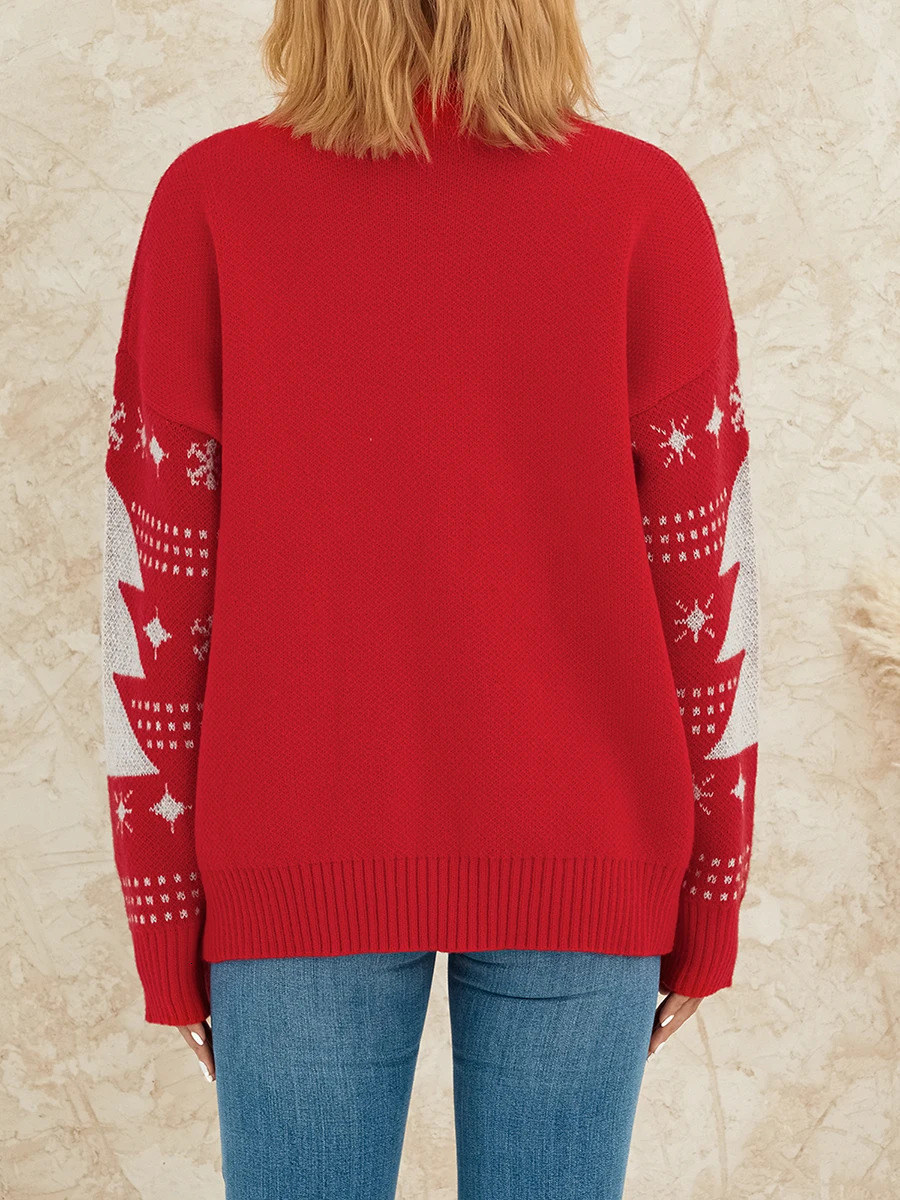 Men Women Christmas Sweater Reindeer Patterned Crew Neck Long Sleeve Pullover Knitwear with RibKnit Hem XS M L XL 241021