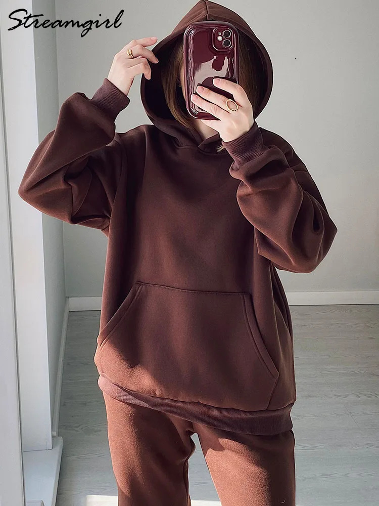 Winter sportswear set womens wool hooded two-piece set casual loose winter warm womens two-piece set 241023