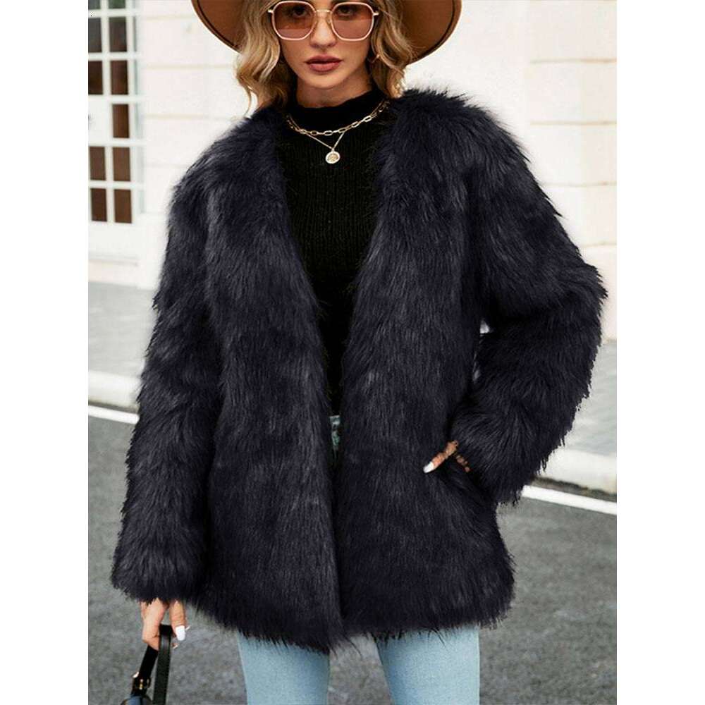 Fashion Faux Fur Coat Women Elegant Turn Down Collar Female Medium Long Coats 2024 Winter Warmer New High Street Ladies Jacket