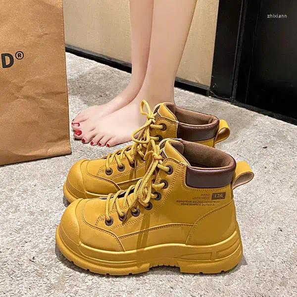 Boots Brand Women's Shoes Autumn Round Toe Lace Up Boots-Women Flat Heel Fashion Rubber Lolita Ladies 2024 Low Rock Ankle Lace-U