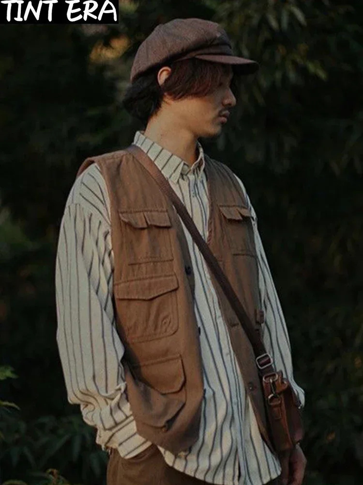 Japanese retro suit mens multi pocket cargo vest spring and autumn striped long sleeved shirt loose casual pants three piece set 241023